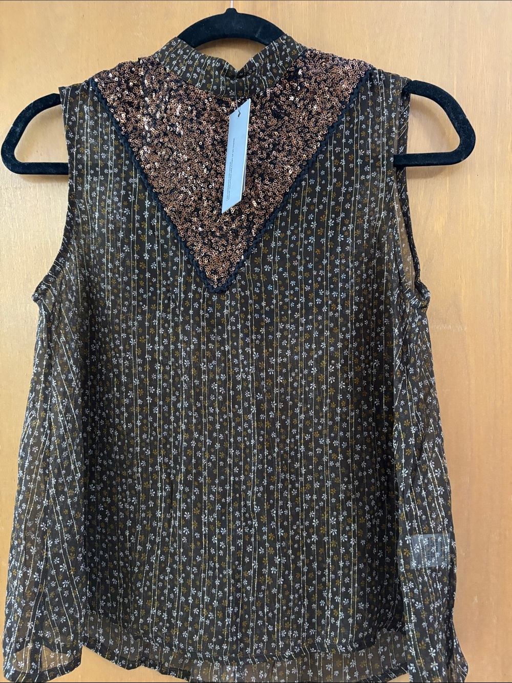 Anthropologie Brown Floral-Striped Sleeveless Top with Sequin V-Yoke